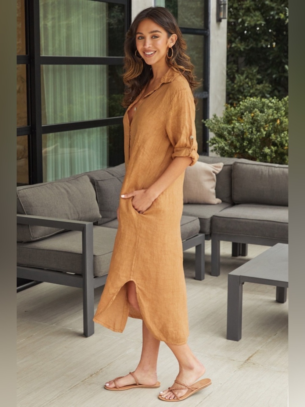 (60601-SOL-TOB) SOLID MIDI-LENGTH BUTTON DOWN LINEN DRESS - Picture 2 of 3
